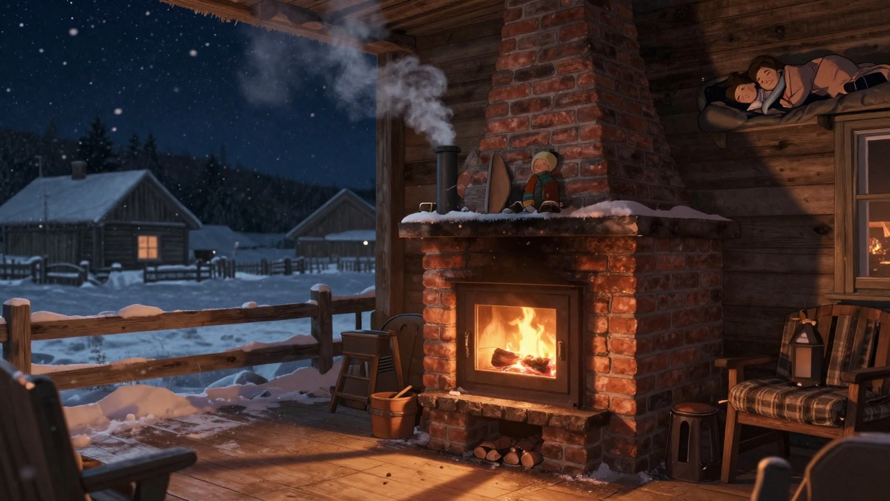 Зимняя ночь в доме: печь светится, дым уходит в звездное небо, семья спит спокойно.