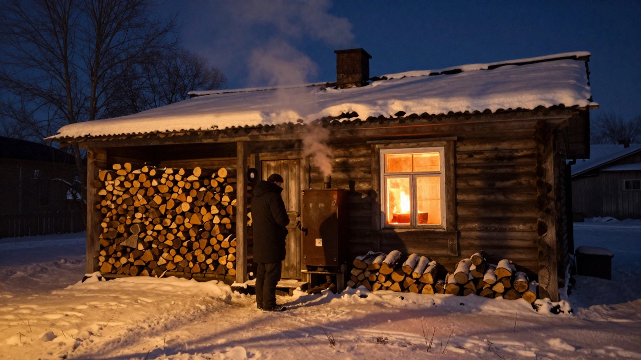 Зимний вечер у деревянного дома в Ленинградской области: дым из трубы, дрова у сарая, тёплый свет в окне.