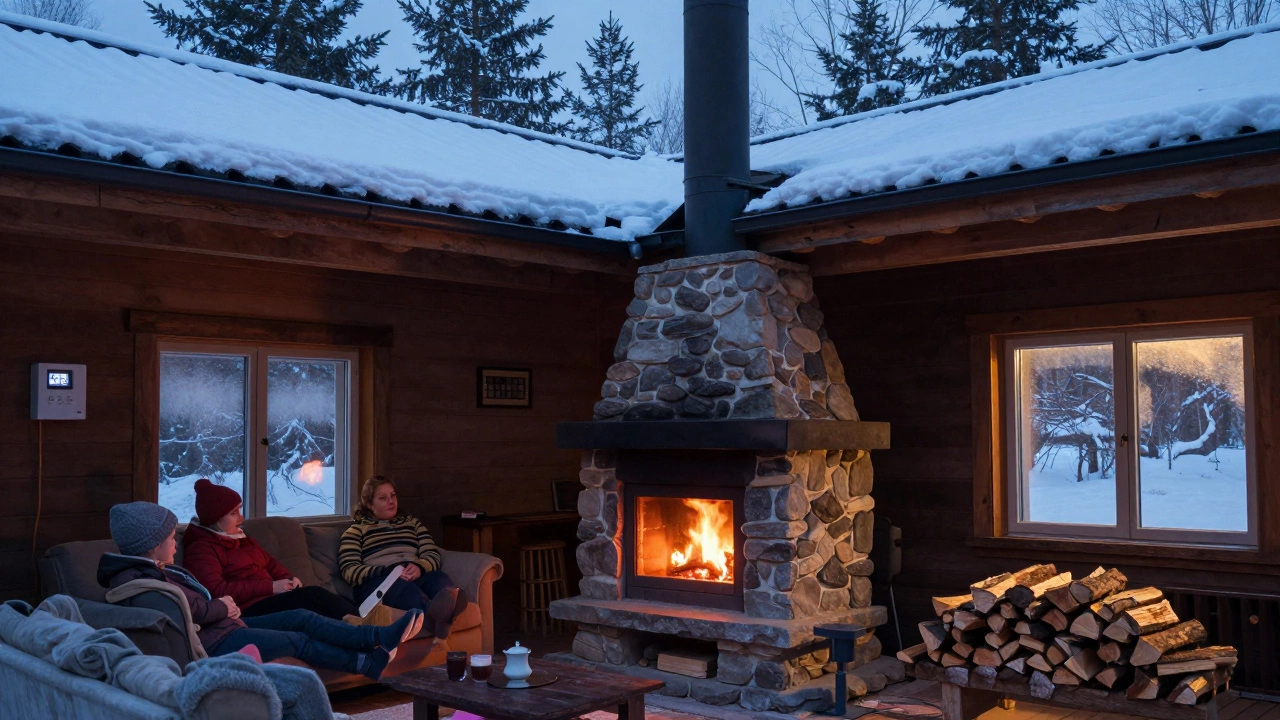 Дымоход выше конька крыши, тепло от камина распространяется в соседние комнаты через систему вентиляции.