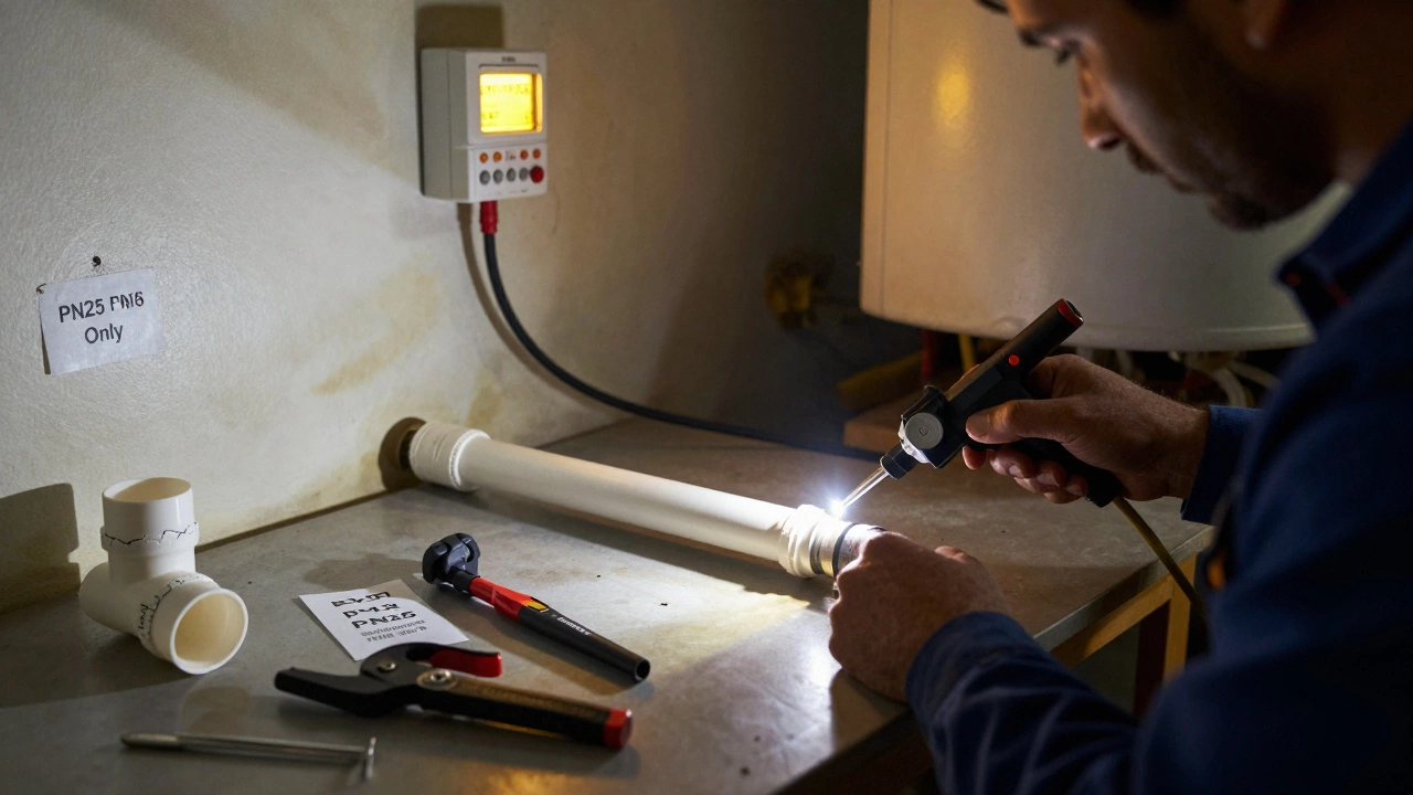 Мастер паяет полипропиленовую трубу в подвале, рядом — отброшенная ПВХ-труба и термостат, подчеркивающий важность правильного монтажа.