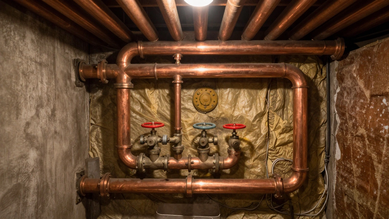 Медные трубы в подвале старого дома, без коррозии, долговечная система отопления.