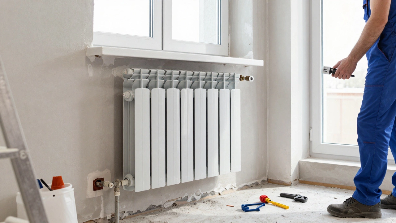 Монтаж современного биметаллического радиатора во время ремонта квартиры в Санкт-Петербурге.