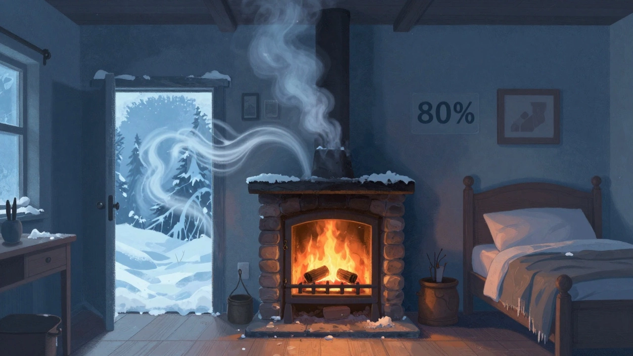 Открытый камин, где тепло уходит в трубу, а в соседней комнате холодно и зима за окном.