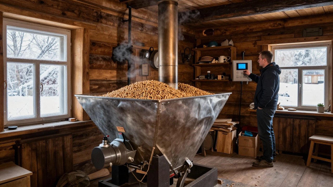 Пеллетный котёл с автоматической загрузкой в уютной комнате частного дома на селе.