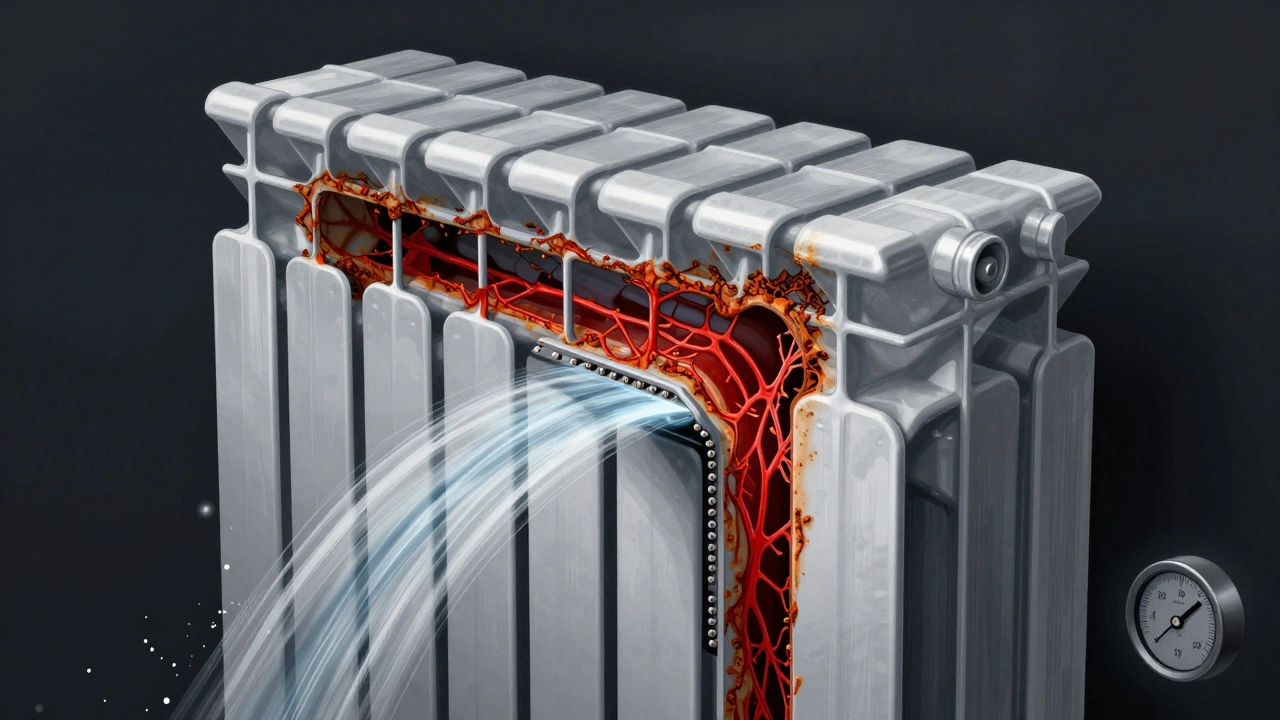 Разрез биметаллического радиатора с внутренней коррозией стального сердечника и осадком в воде.