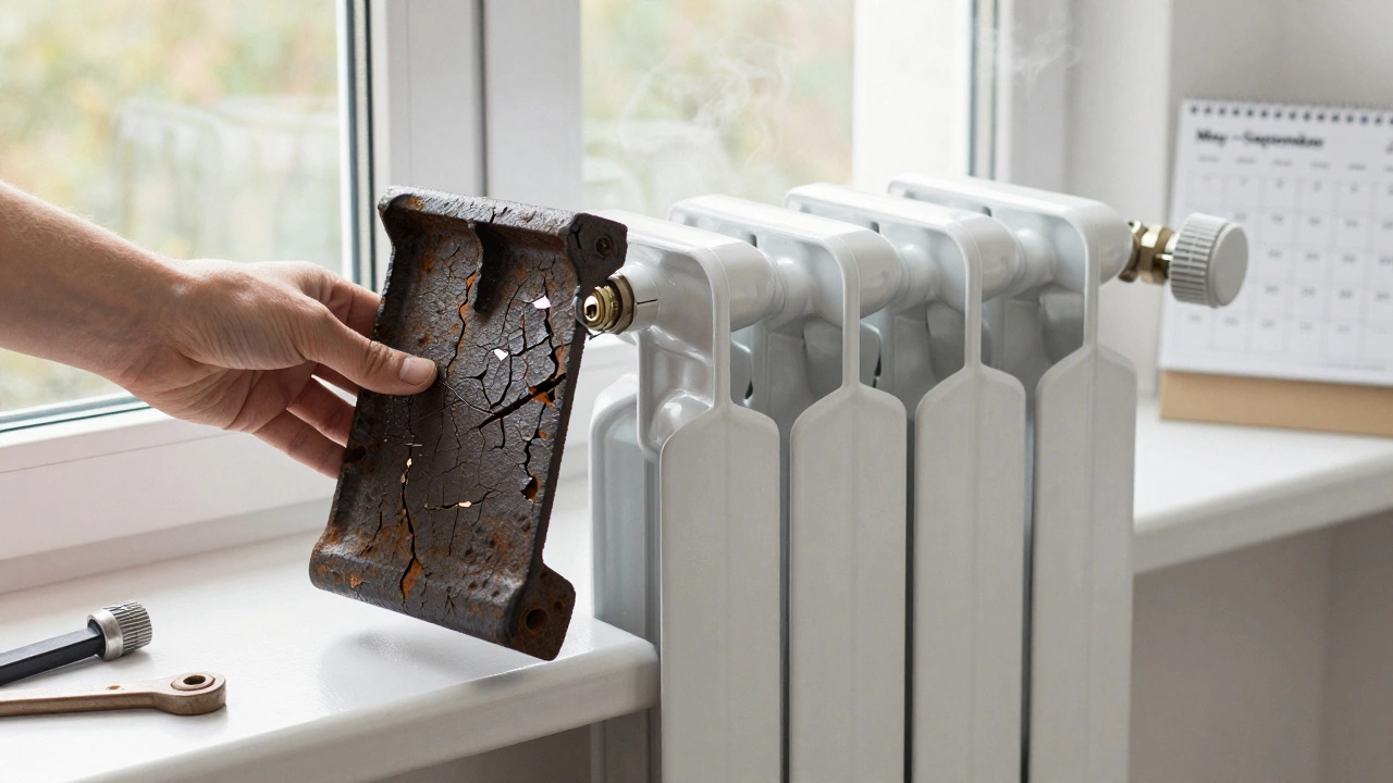 Рука держит старую и новую батареи рядом с инструментами и календарём на межотопительный сезон.