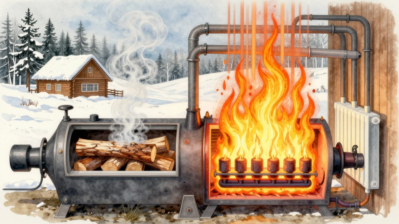 Схема пиролизного котла: слева — разложение древесины на газы, справа — их полное сгорание при высокой температуре с теплообменником и радиаторами.