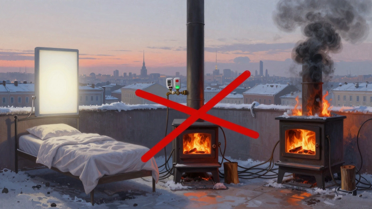 Сравнение безопасности отопления: инфракрасная панель, газовый датчик и горящий дымоход на фоне зимнего города.