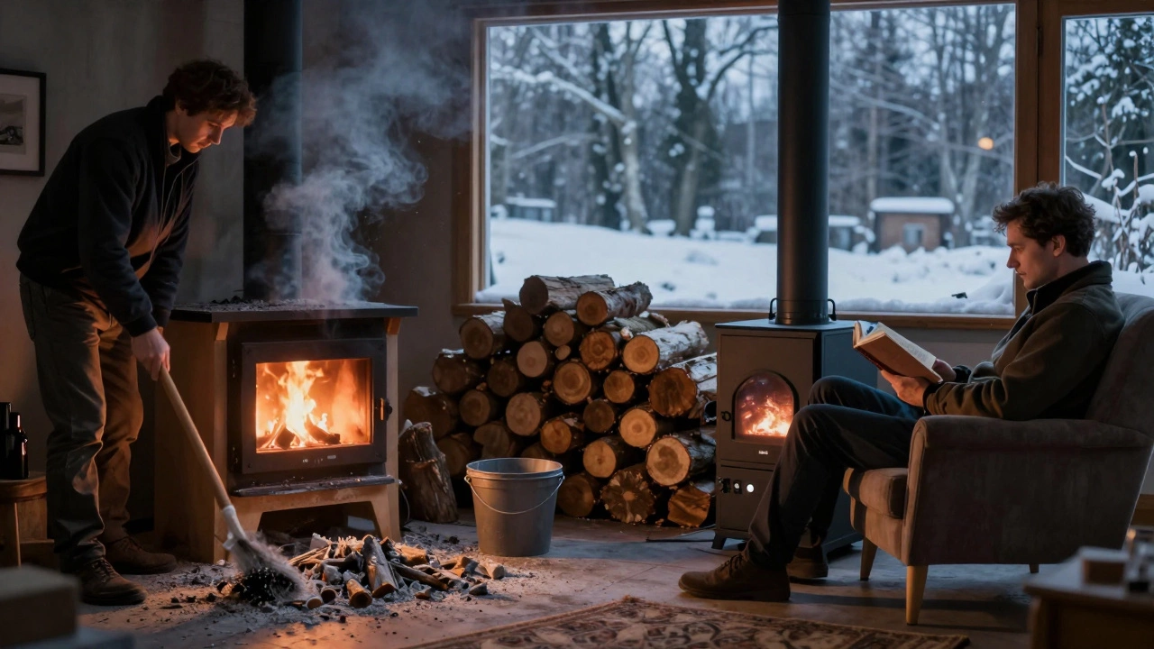Сравнение: слева — человек убирает золу и подбрасывает дрова, справа — он отдыхает, пока пиролизный котёл автономно отапливает дом.