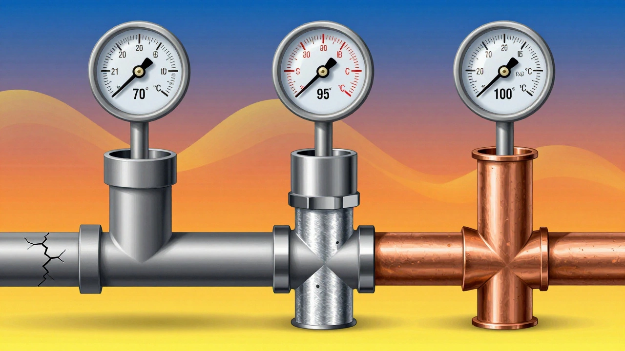 Сравнение трех типов труб для отопления: полипропилен, металлопластик и медь с температурными индикаторами и поврежденными аналогами.