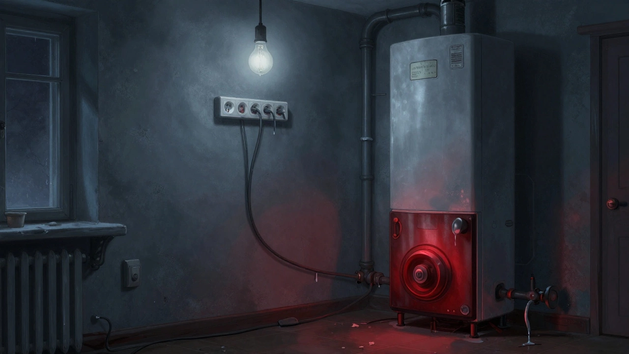 Старая электропроводка искрит рядом с газовым котлом без датчиков — опасность в русской квартире.