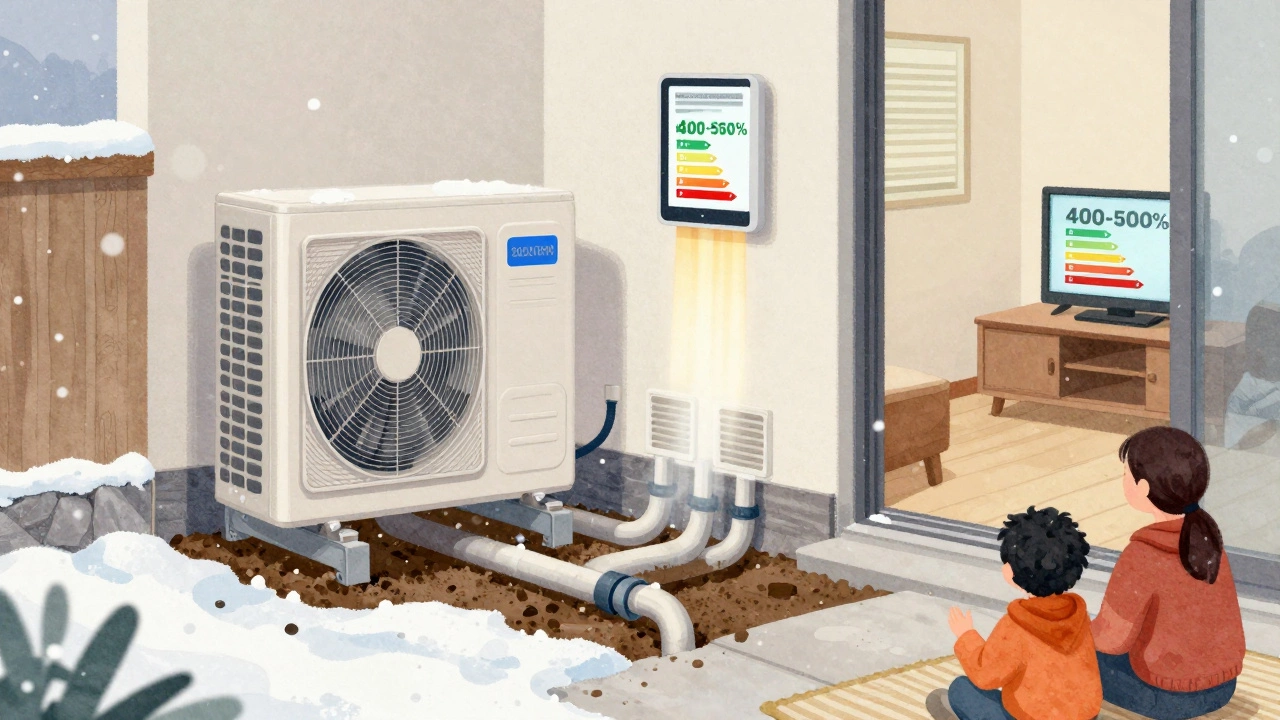 Тепловой насос с подземными трубами и внутренним устройством, обогревающий дом в зимний день.