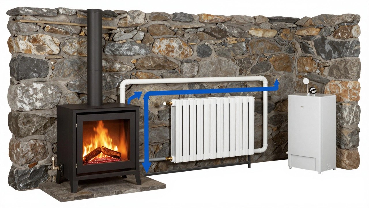 Закрытый камин подключен к системе водяного отопления, греет стены и радиаторы, газовый котел работает в фоновом режиме.