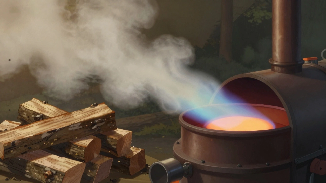 Двухступенчатый процесс в пиролизном котле: разложение древесины и чистое сгорание газа без яркого пламени.