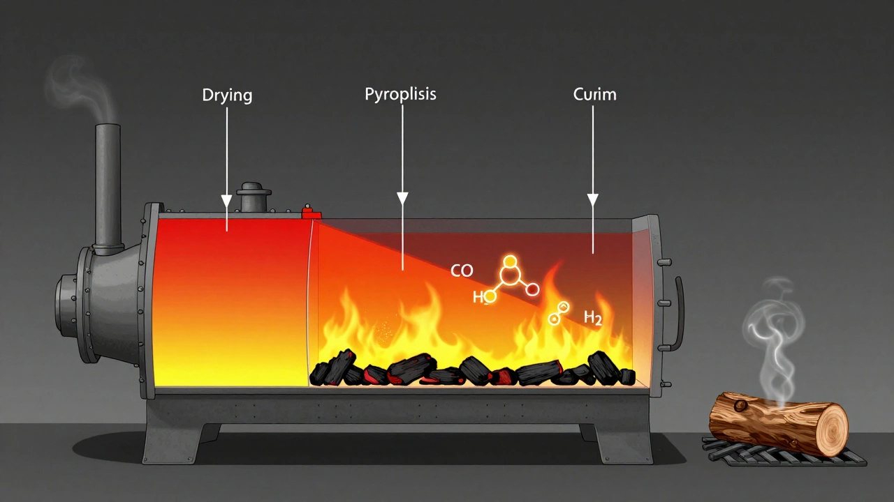 Схема пиролизного котла: движение газов от древесины к камере сгорания, цветовые градиенты тепла, без текста.